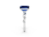 White gold Emerald Cut Blue Sapphire Solitaire Twisted Band with Round  Accents and Prong Setting_31