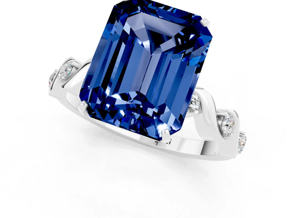White gold Emerald Cut Blue Sapphire Solitaire Twisted Band with Round  Accents and Prong Setting
