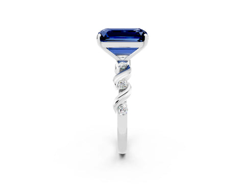 White gold Emerald Cut Blue Sapphire Solitaire Twisted Band with Round  Accents and Prong Setting_31