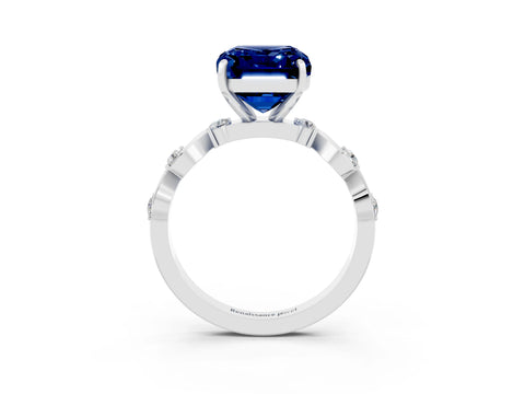 White gold Emerald Cut Blue Sapphire Solitaire Twisted Band with Round  Accents and Prong Setting_32