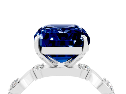 White gold Emerald Cut Blue Sapphire Solitaire Twisted Band with Round  Accents and Prong Setting_33