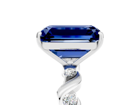 White gold Emerald Cut Blue Sapphire Solitaire Twisted Band with Round  Accents and Prong Setting_34