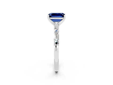 White gold Emerald Cut Blue Sapphire Solitaire with Side Baguettes and Channel Set Band_2