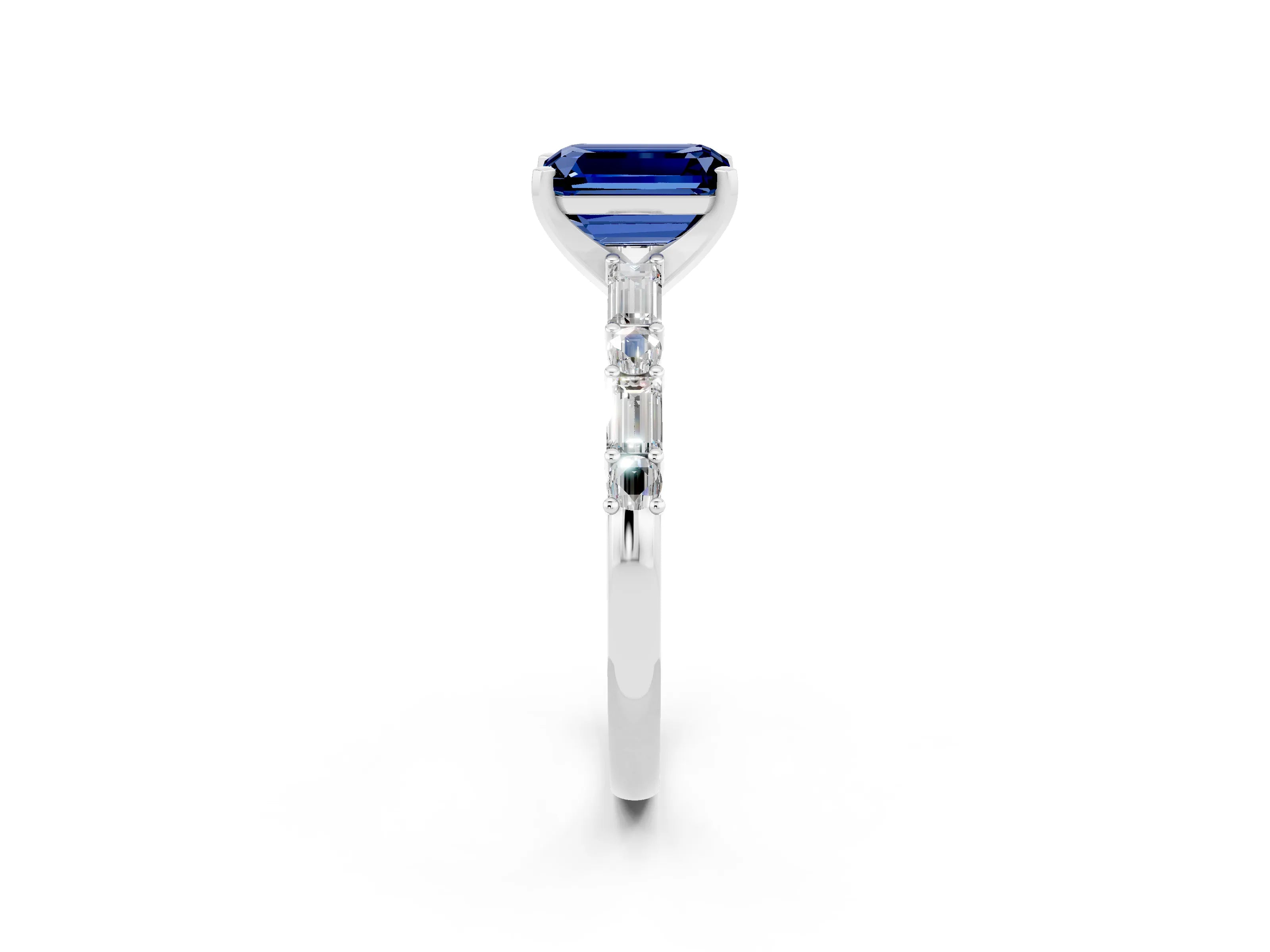 White gold Emerald Cut Blue Sapphire Solitaire with Side Baguettes and Channel Set Band_2