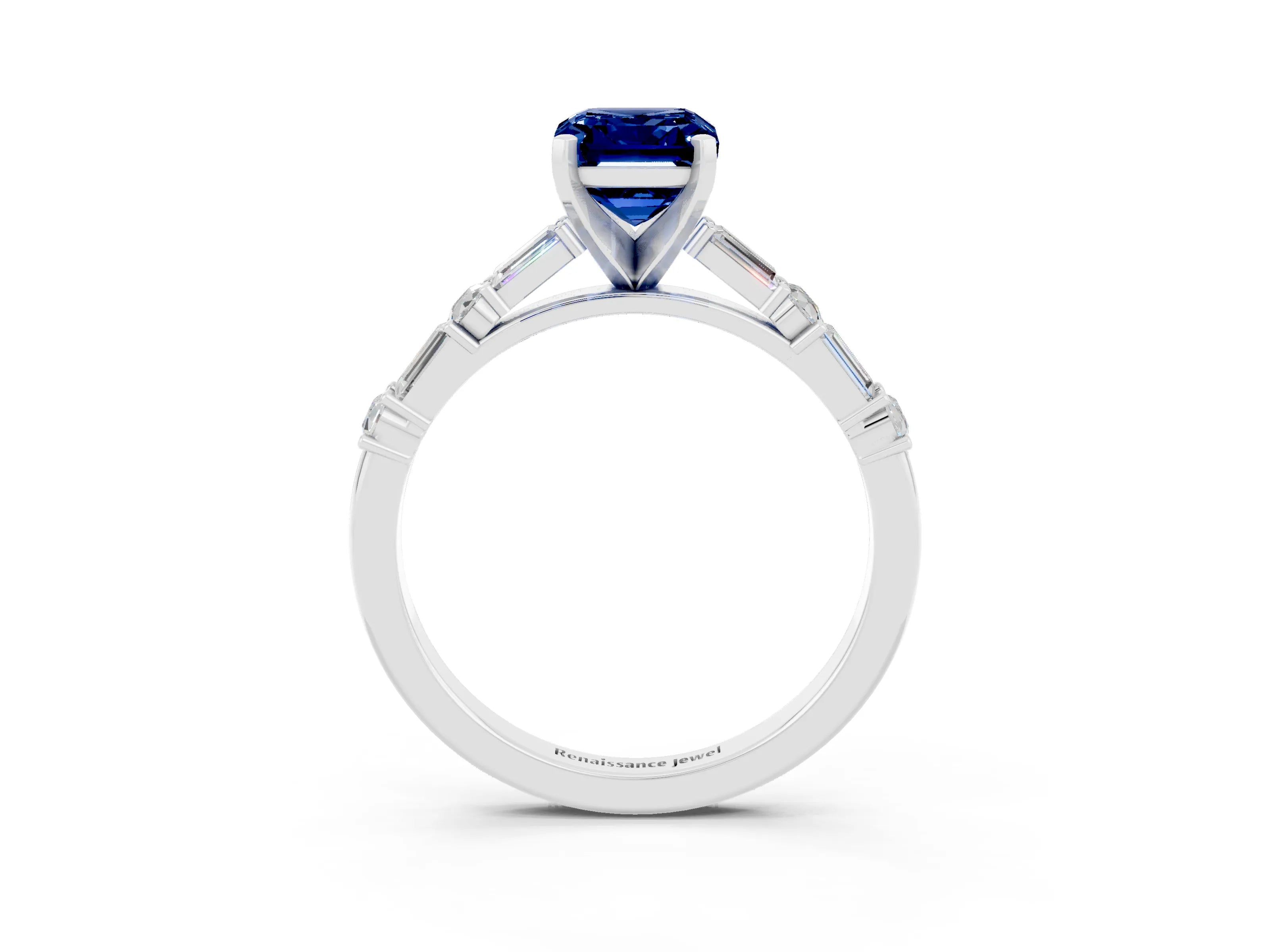White gold Emerald Cut Blue Sapphire Solitaire with Side Baguettes and Channel Set Band_3