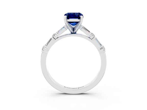 Silver Emerald Cut Blue Sapphire Solitaire with Side Baguettes and Channel Set Band