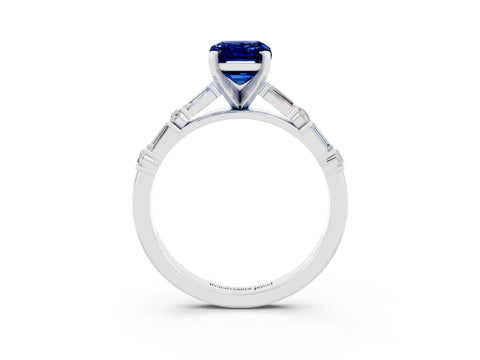 White gold Emerald Cut Blue Sapphire Solitaire with Side Baguettes and Channel Set Band_3