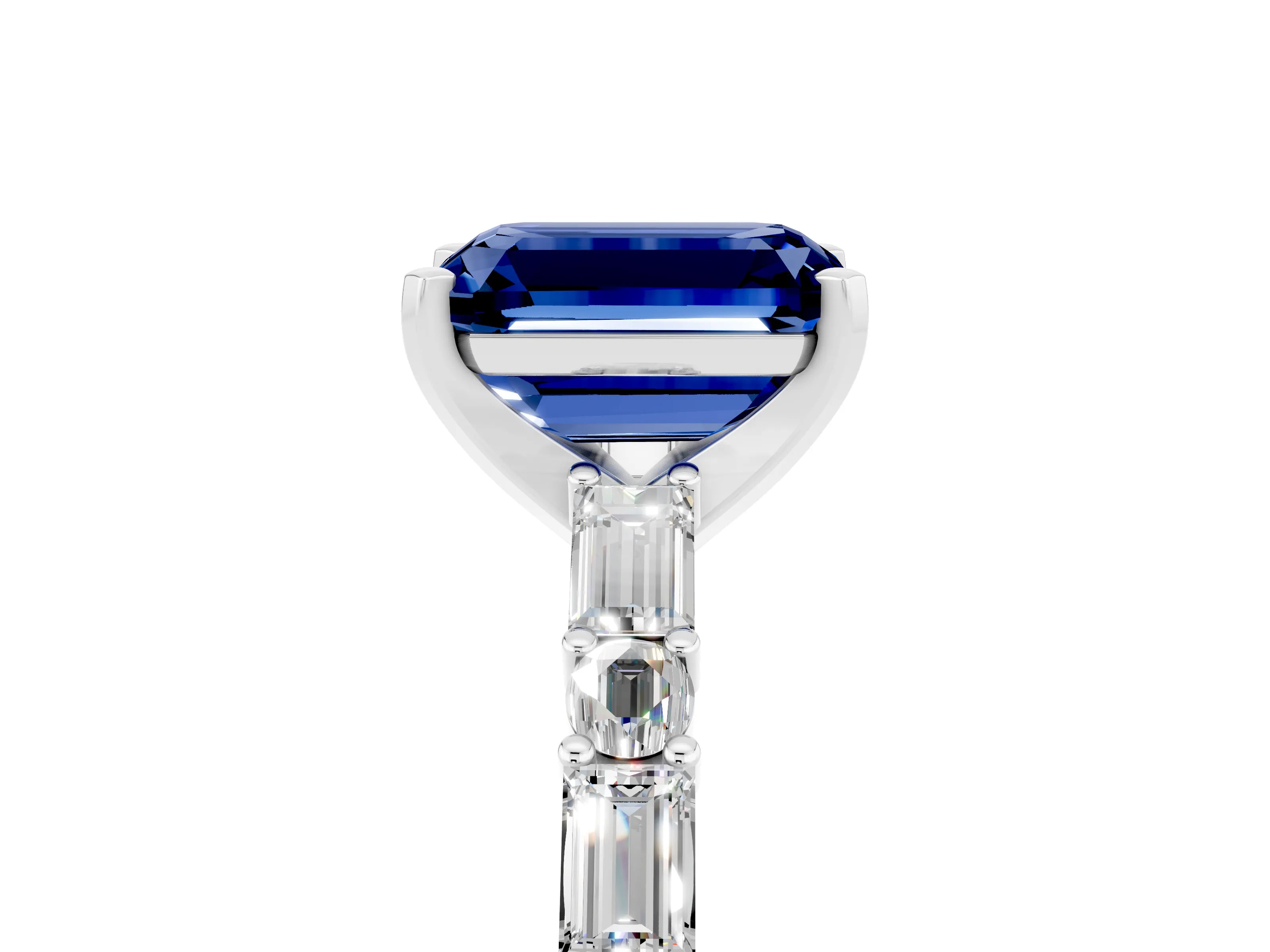 White gold Emerald Cut Blue Sapphire Solitaire with Side Baguettes and Channel Set Band_5