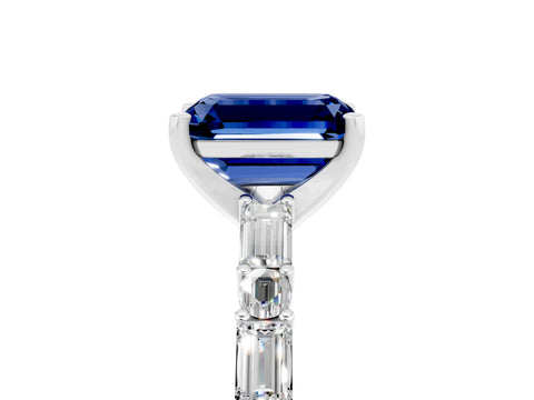 White gold Emerald Cut Blue Sapphire Solitaire with Side Baguettes and Channel Set Band_5