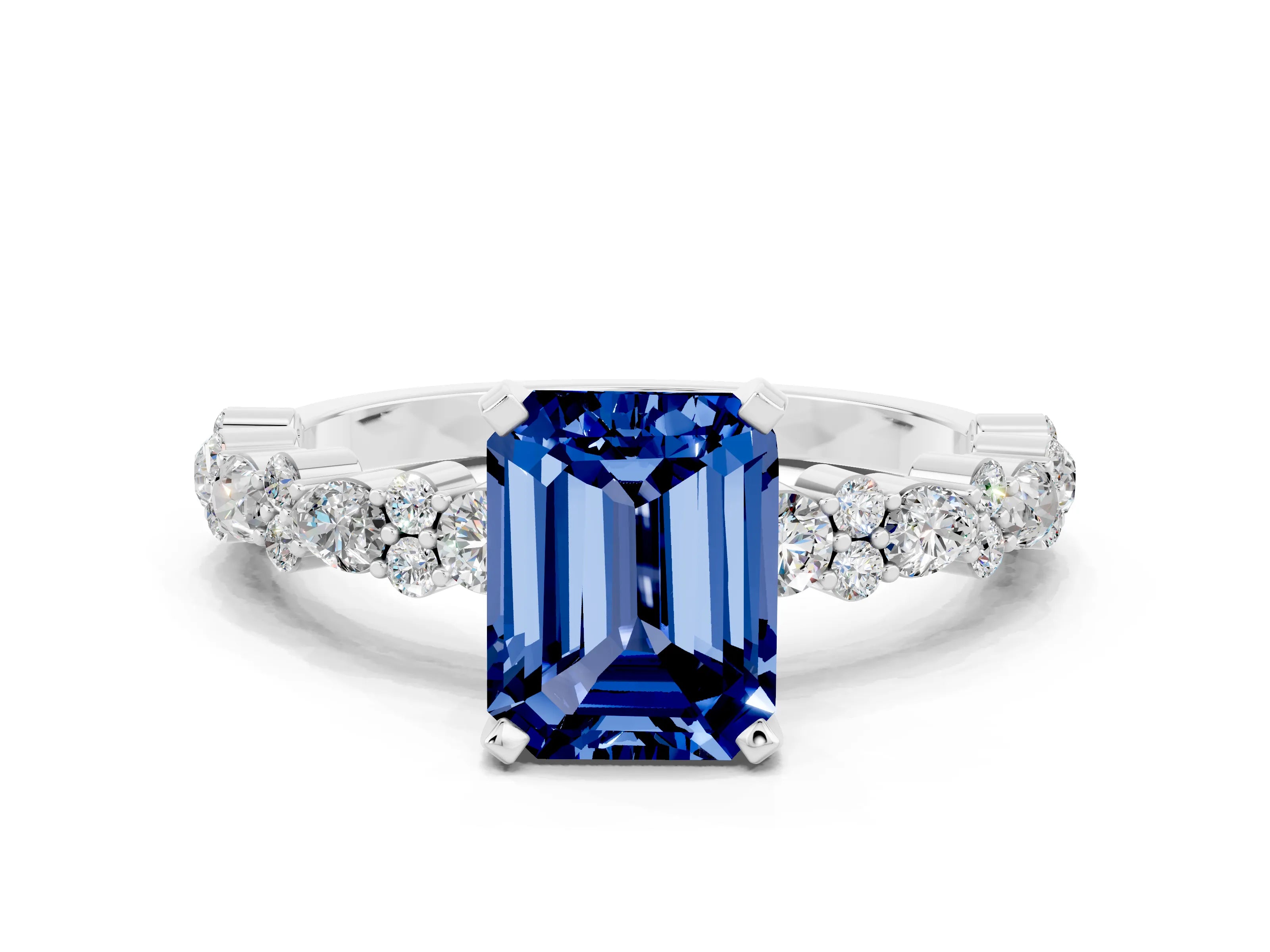 White gold Emerald Cut Blue Sapphire Solitaire with Side Stones, Pave Band, Four-Prong Setting_48