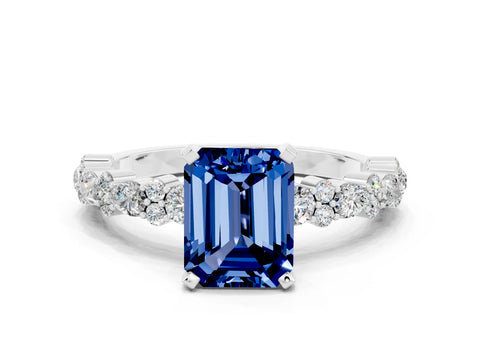 White gold Emerald Cut Blue Sapphire Solitaire with Side Stones, Pave Band, Four-Prong Setting_48