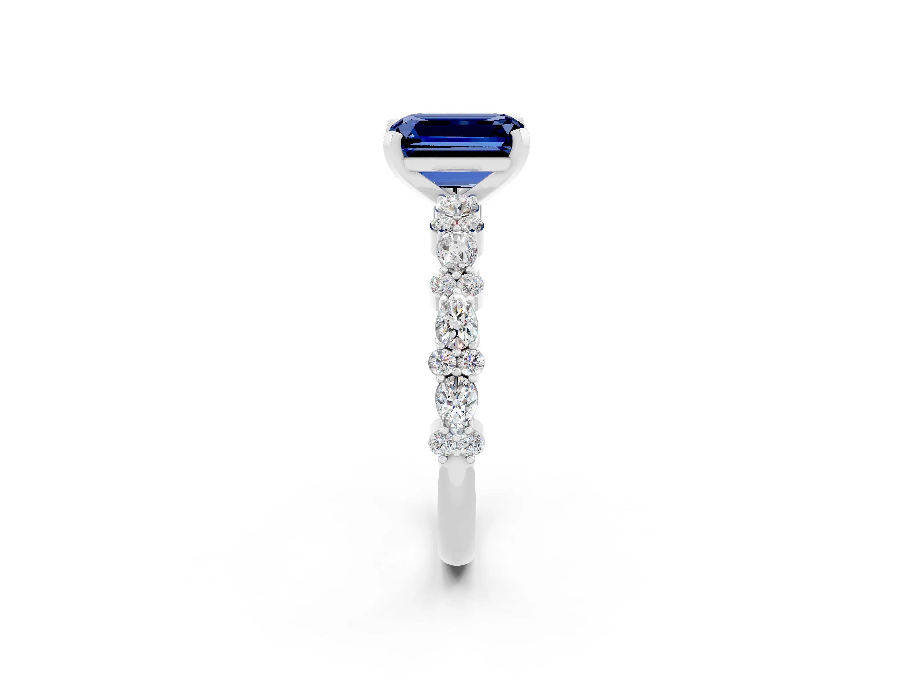 White gold Emerald Cut Blue Sapphire Solitaire with Side Stones, Pave Band, Four-Prong Setting_50