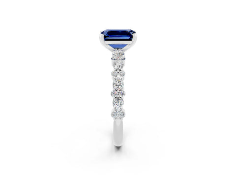 White gold Emerald Cut Blue Sapphire Solitaire with Side Stones, Pave Band, Four-Prong Setting_50