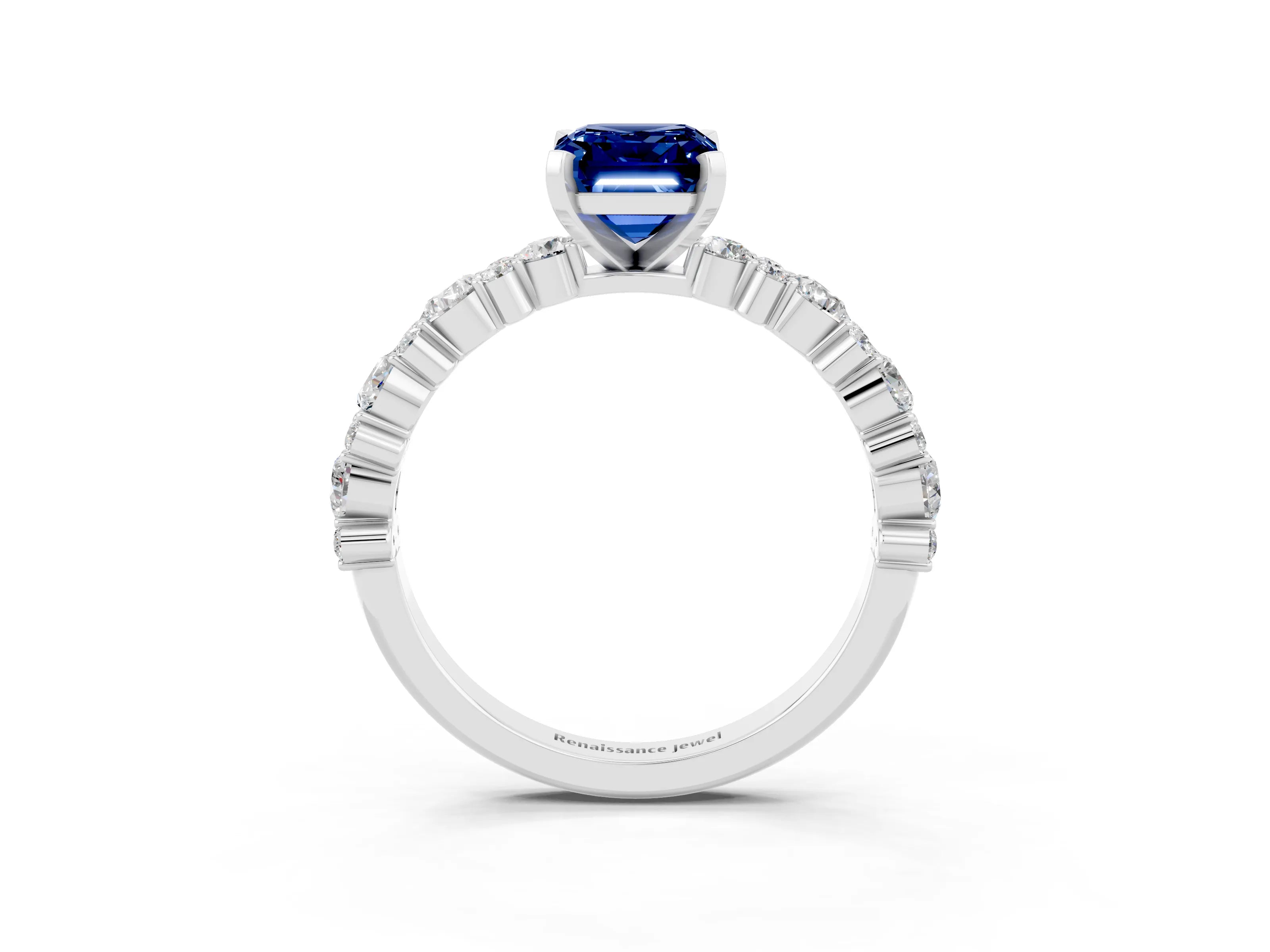 White gold Emerald Cut Blue Sapphire Solitaire with Side Stones, Pave Band, Four-Prong Setting_51
