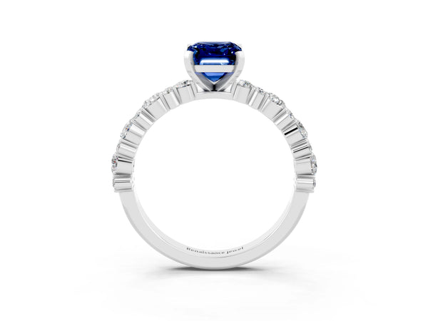 Silver Emerald Cut Blue Sapphire Side Stone Solitaire Ring with Round  and Four-Prong Setting