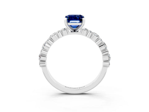 White gold Emerald Cut Blue Sapphire Solitaire with Side Stones, Pave Band, Four-Prong Setting_51