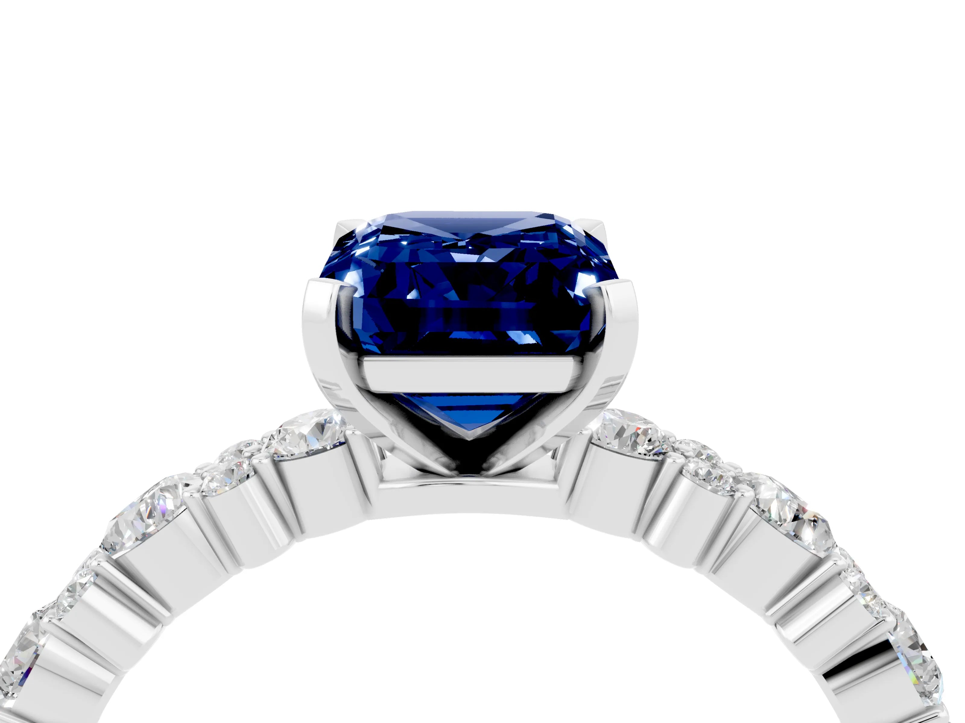 White gold Emerald Cut Blue Sapphire Solitaire with Side Stones, Pave Band, Four-Prong Setting_52