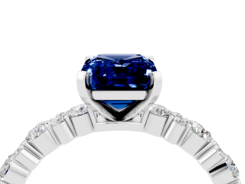 White gold Emerald Cut Blue Sapphire Solitaire with Side Stones, Pave Band, Four-Prong Setting_52