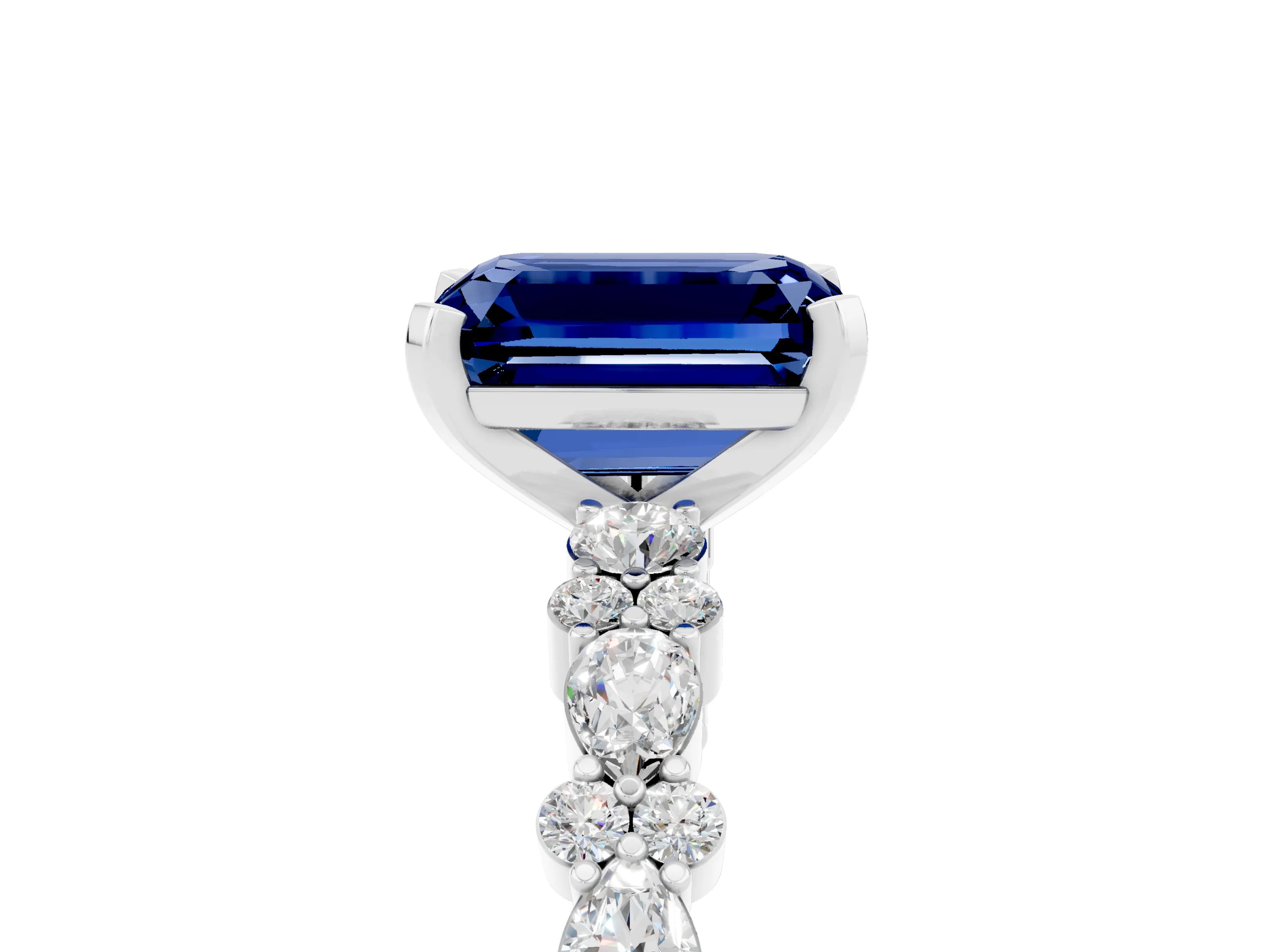 White gold Emerald Cut Blue Sapphire Solitaire with Side Stones, Pave Band, Four-Prong Setting_53