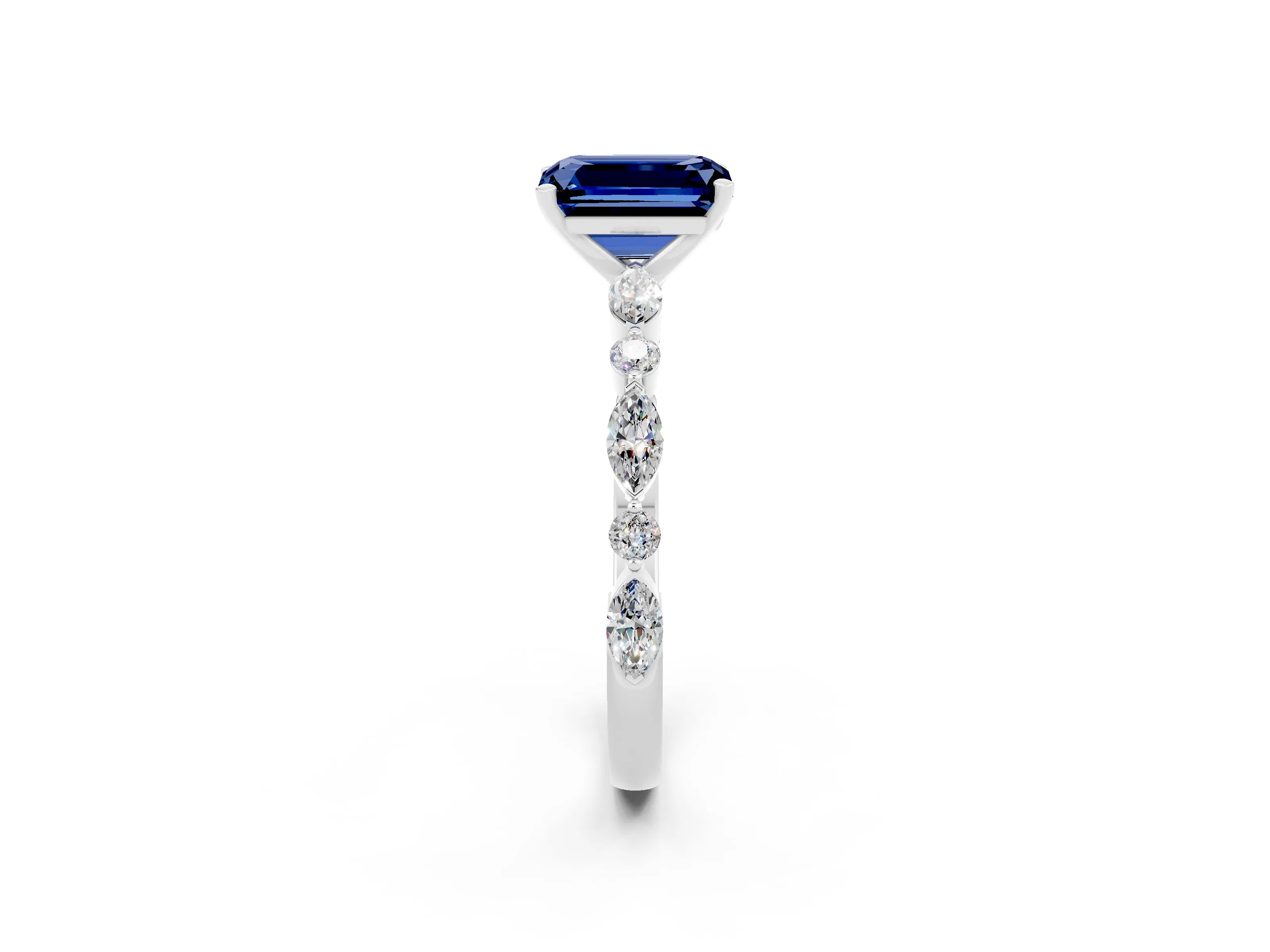 White gold Emerald Cut Blue Sapphire Solitaire with Side Stones on a Pavé Band and Four-Prong Setting_2