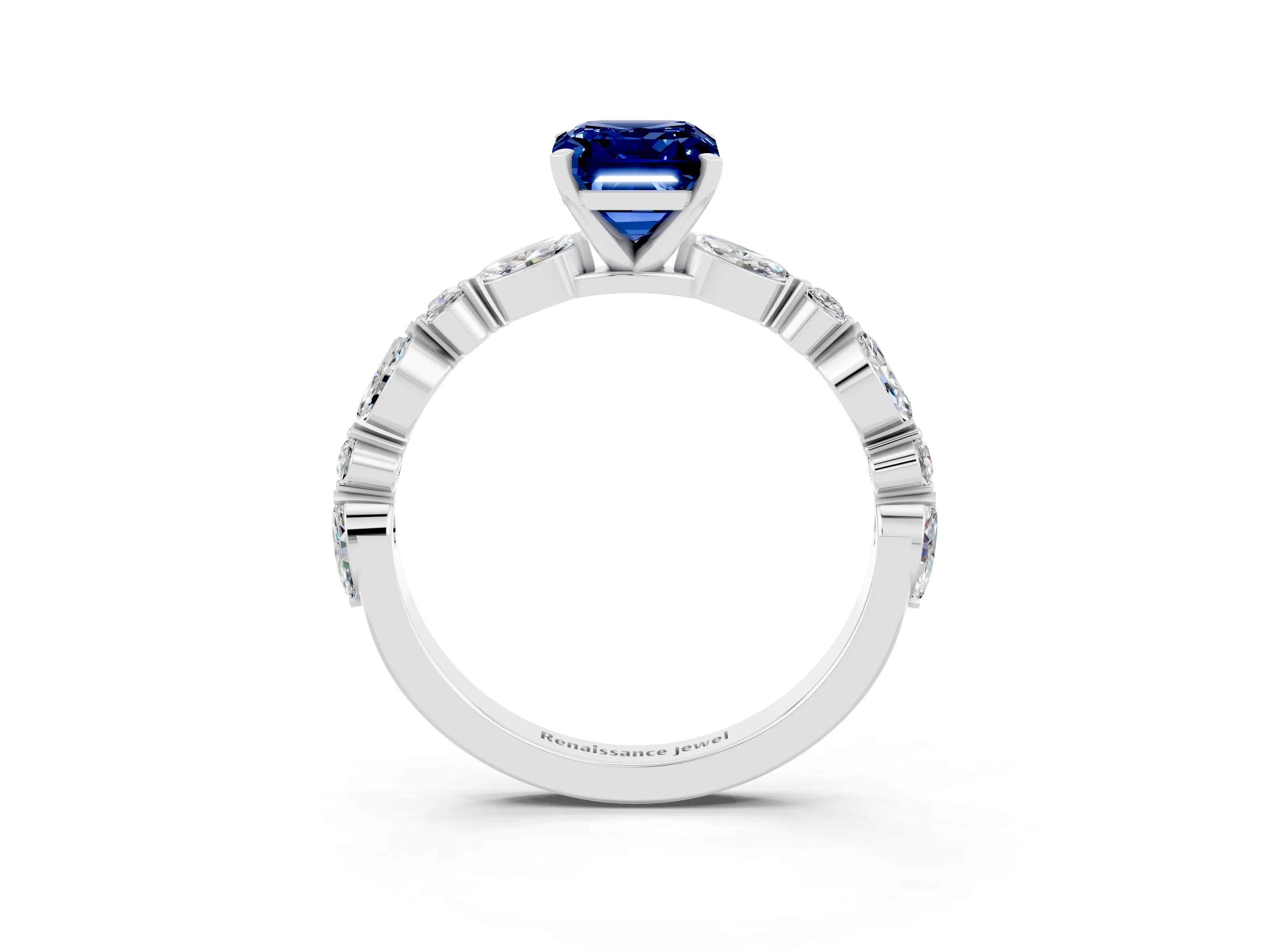 White gold Emerald Cut Blue Sapphire Solitaire with Side Stones on a Pavé Band and Four-Prong Setting_3