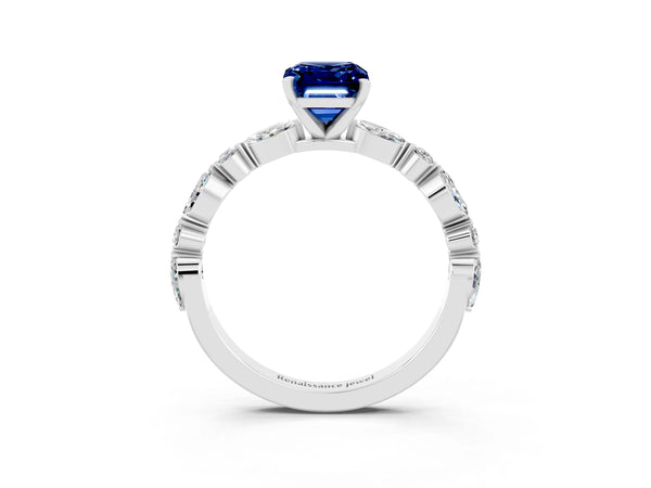 Silver Emerald Cut Blue Sapphire Ring with Marquise and Round  Side Stones and Four-Prong Setting