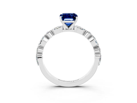 White gold Emerald Cut Blue Sapphire Solitaire with Side Stones on a Pavé Band and Four-Prong Setting_3
