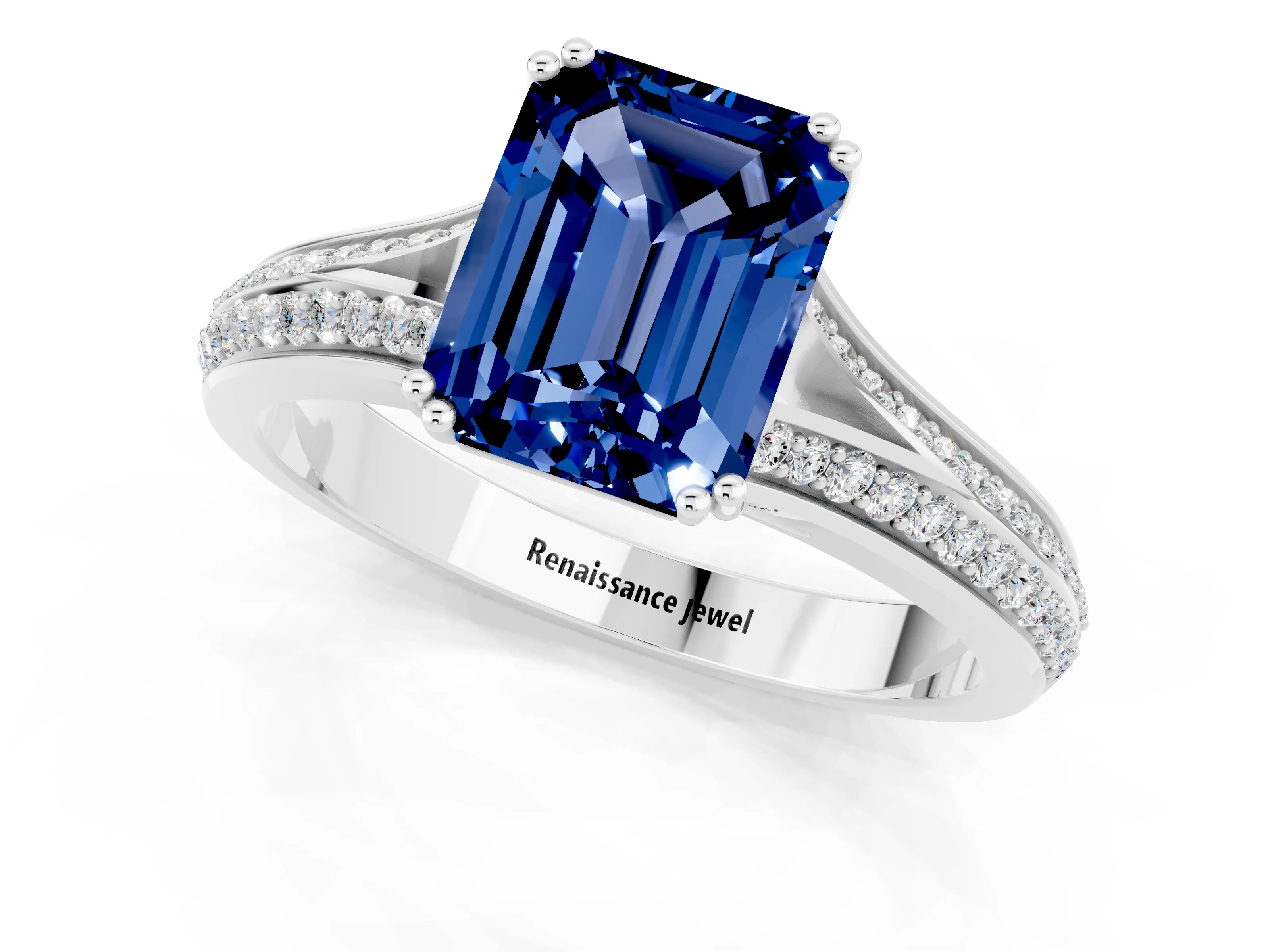 White gold Emerald Cut Blue Sapphire Split Shank Engagement Ring with Pavé Band_1