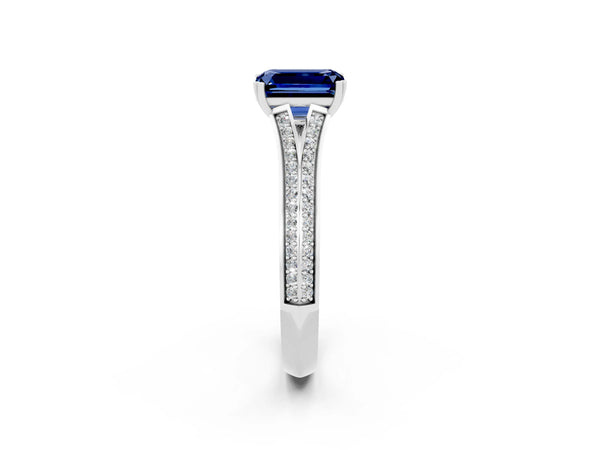 Platinum Emerald Cut Blue Sapphire Split Shank Engagement Ring with Pavé Band