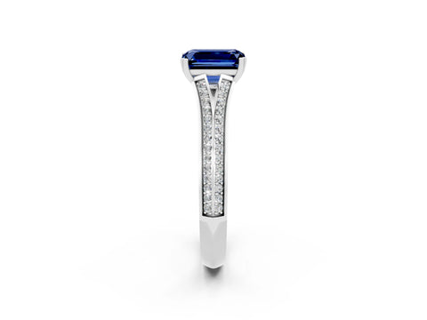 White gold Emerald Cut Blue Sapphire Split Shank Engagement Ring with Pavé Band_2