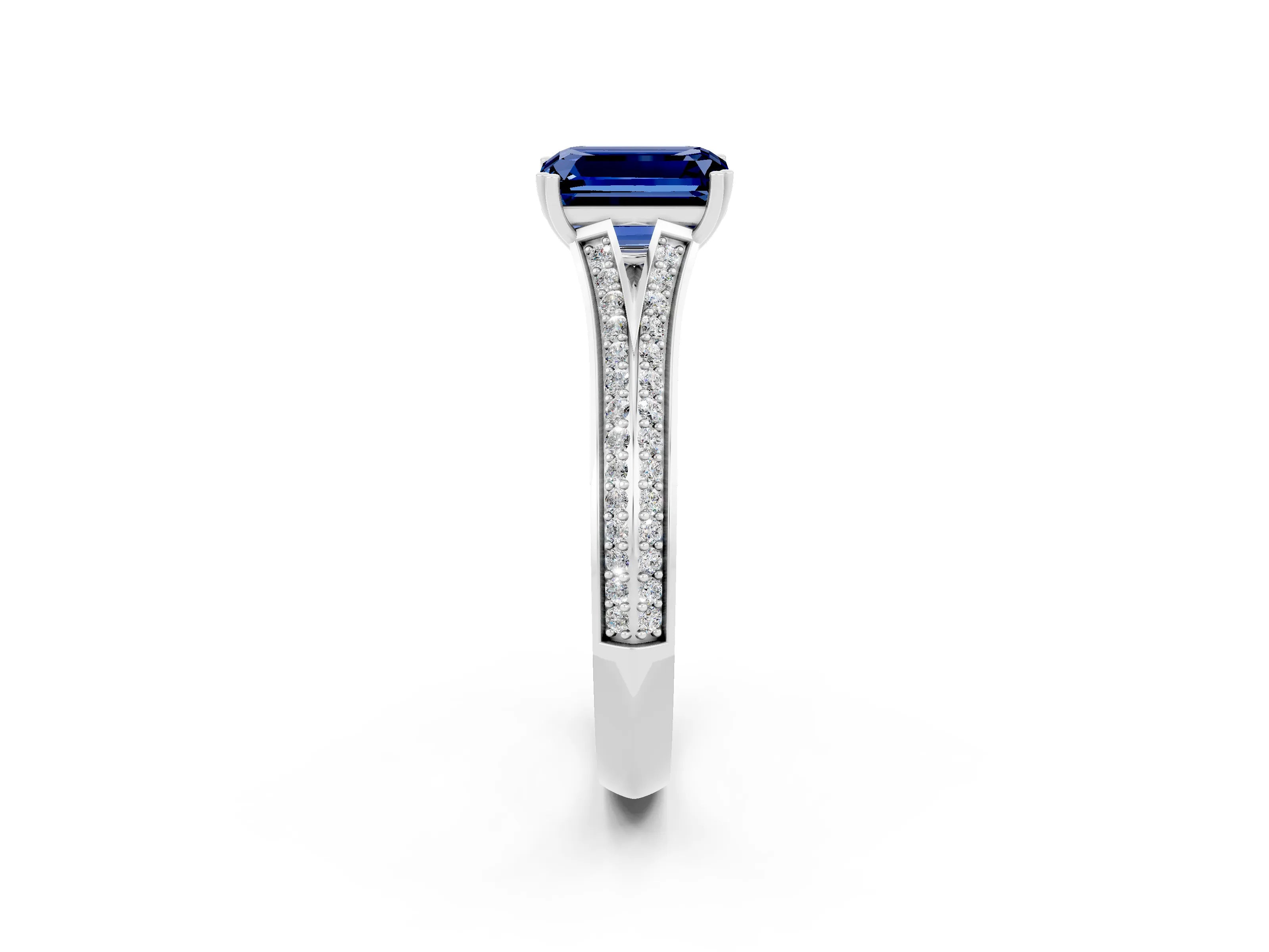 White gold Emerald Cut Blue Sapphire Split Shank Engagement Ring with Pavé Band_2