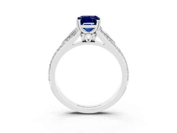 Silver Emerald Cut Blue Sapphire Split Shank Engagement Ring with Pavé Band
