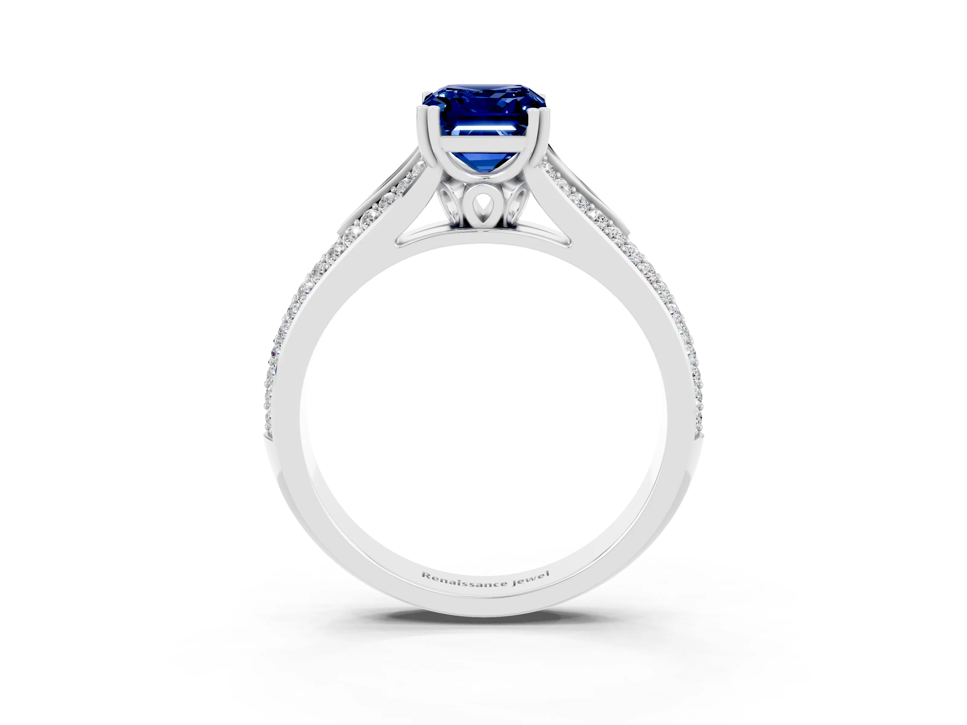 White gold Emerald Cut Blue Sapphire Split Shank Engagement Ring with Pavé Band_3