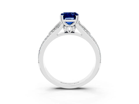 White gold Emerald Cut Blue Sapphire Split Shank Engagement Ring with Pavé Band_3