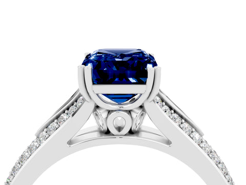 White gold Emerald Cut Blue Sapphire Split Shank Engagement Ring with Pavé Band_4