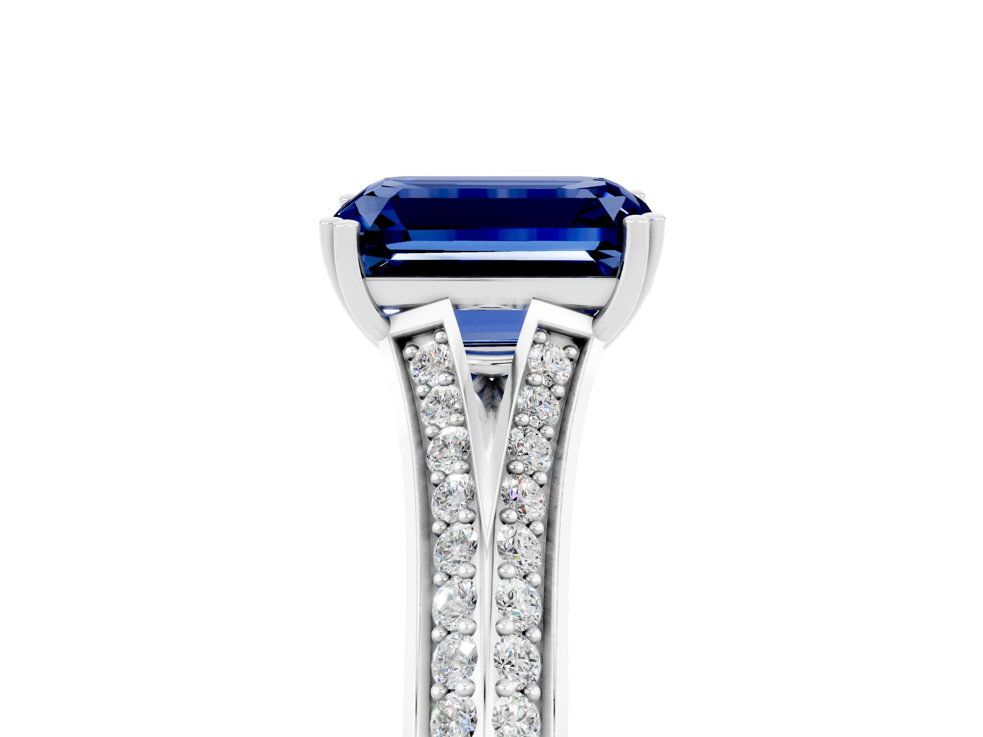 White gold Emerald Cut Blue Sapphire Split Shank Engagement Ring with Pavé Band_5