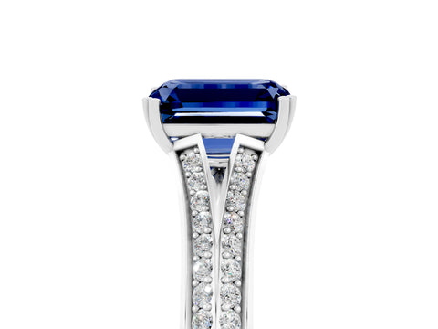 White gold Emerald Cut Blue Sapphire Split Shank Engagement Ring with Pavé Band_5