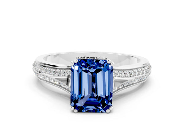 Silver Emerald Cut Blue Sapphire Split Shank Engagement Ring with Pavé Band