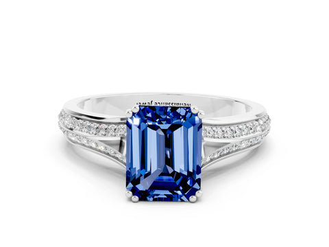 White gold Emerald Cut Blue Sapphire Split Shank Engagement Ring with Pavé Band