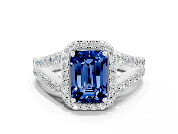 Platinum Emerald Cut Blue Sapphire Split Shank Halo Ring with Four-Prong Setting