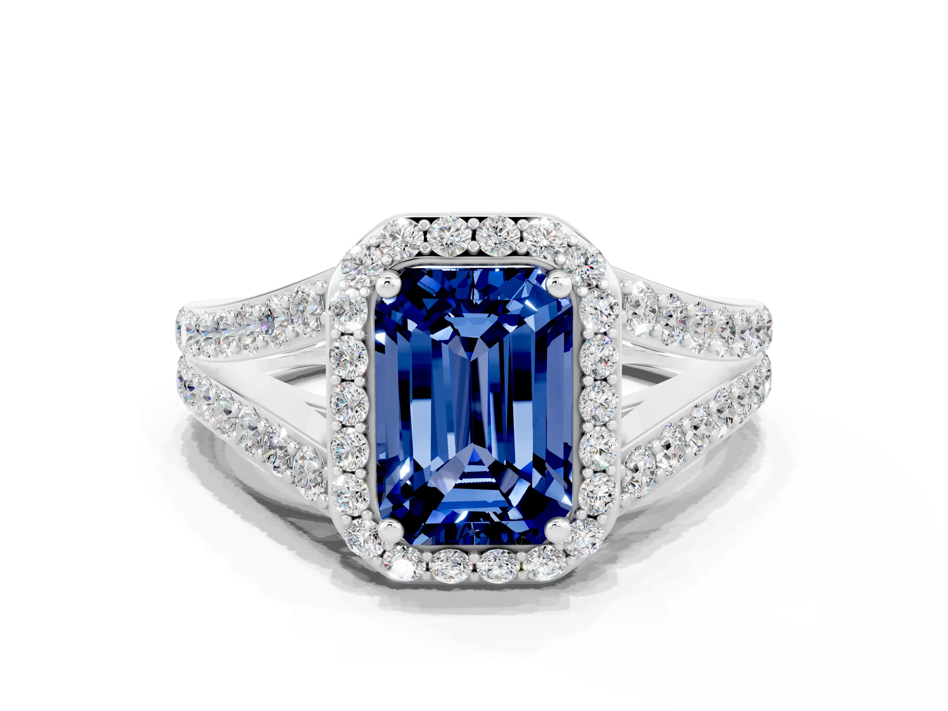 White gold Emerald Cut Blue Sapphire Split Shank Halo Ring with Four-Prong Setting_24
