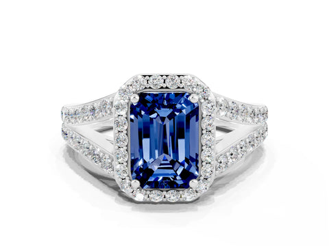 White gold Emerald Cut Blue Sapphire Split Shank Halo Ring with Four-Prong Setting_24