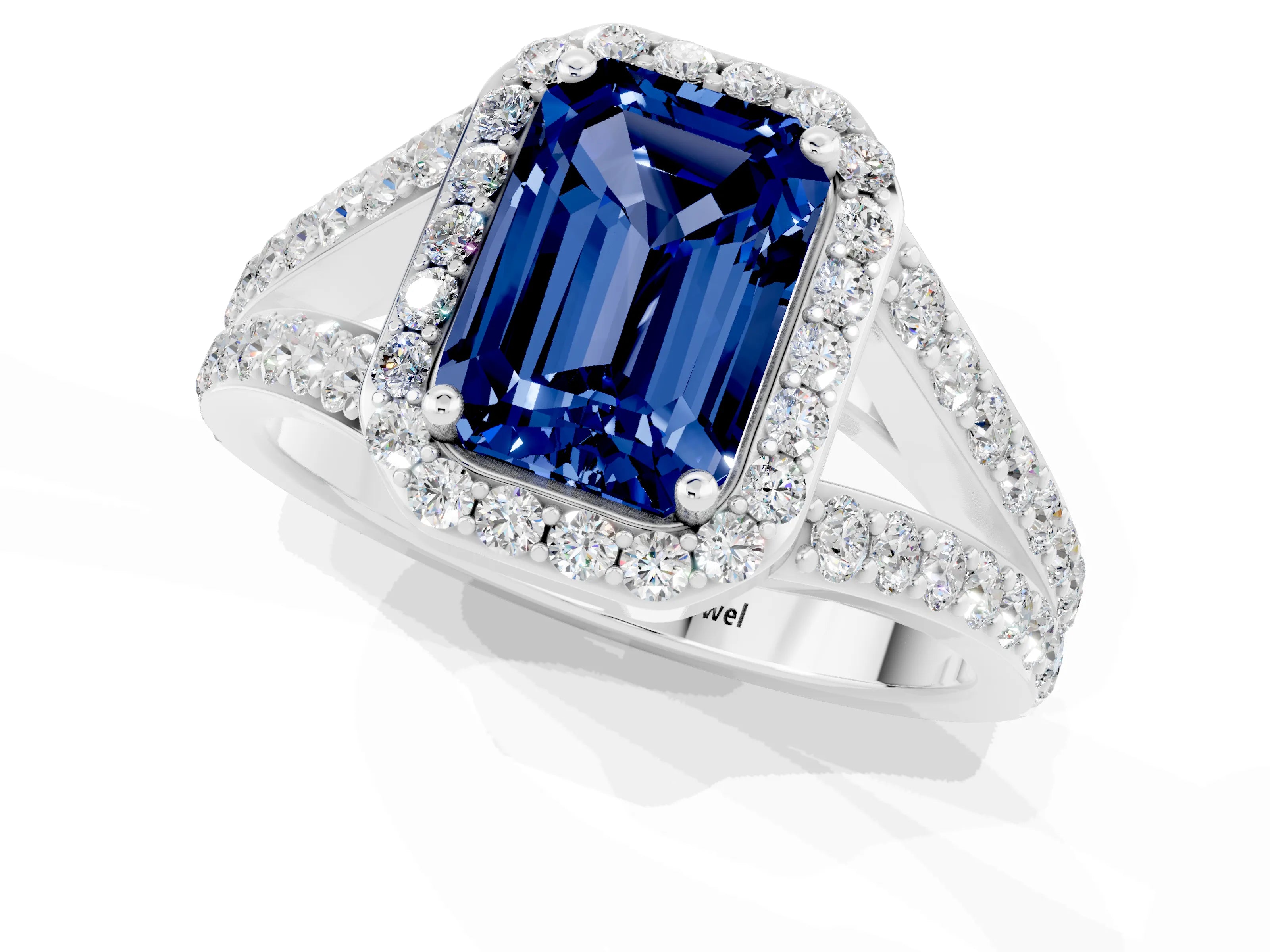 White gold Emerald Cut Blue Sapphire Split Shank Halo Ring with Four-Prong Setting_25