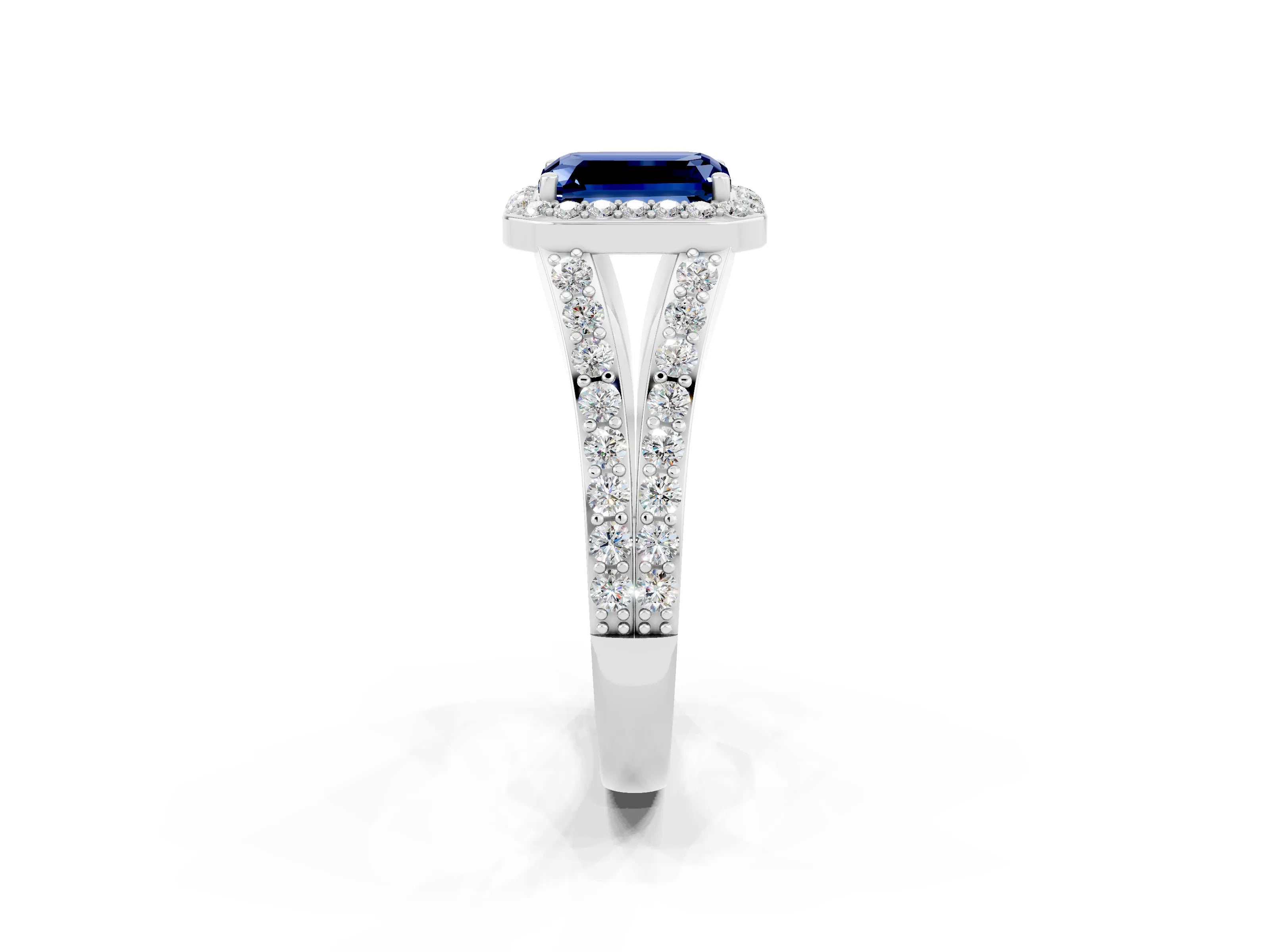 White gold Emerald Cut Blue Sapphire Split Shank Halo Ring with Four-Prong Setting_26