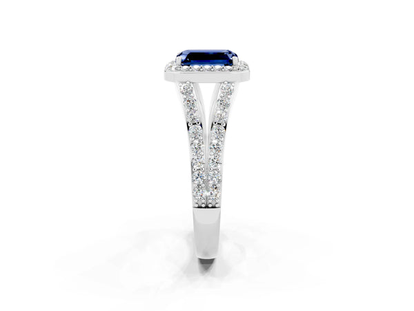 White gold Emerald Cut Blue Sapphire Split Shank Halo Ring with Four-Prong Setting