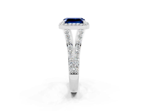 White gold Emerald Cut Blue Sapphire Split Shank Halo Ring with Four-Prong Setting_26