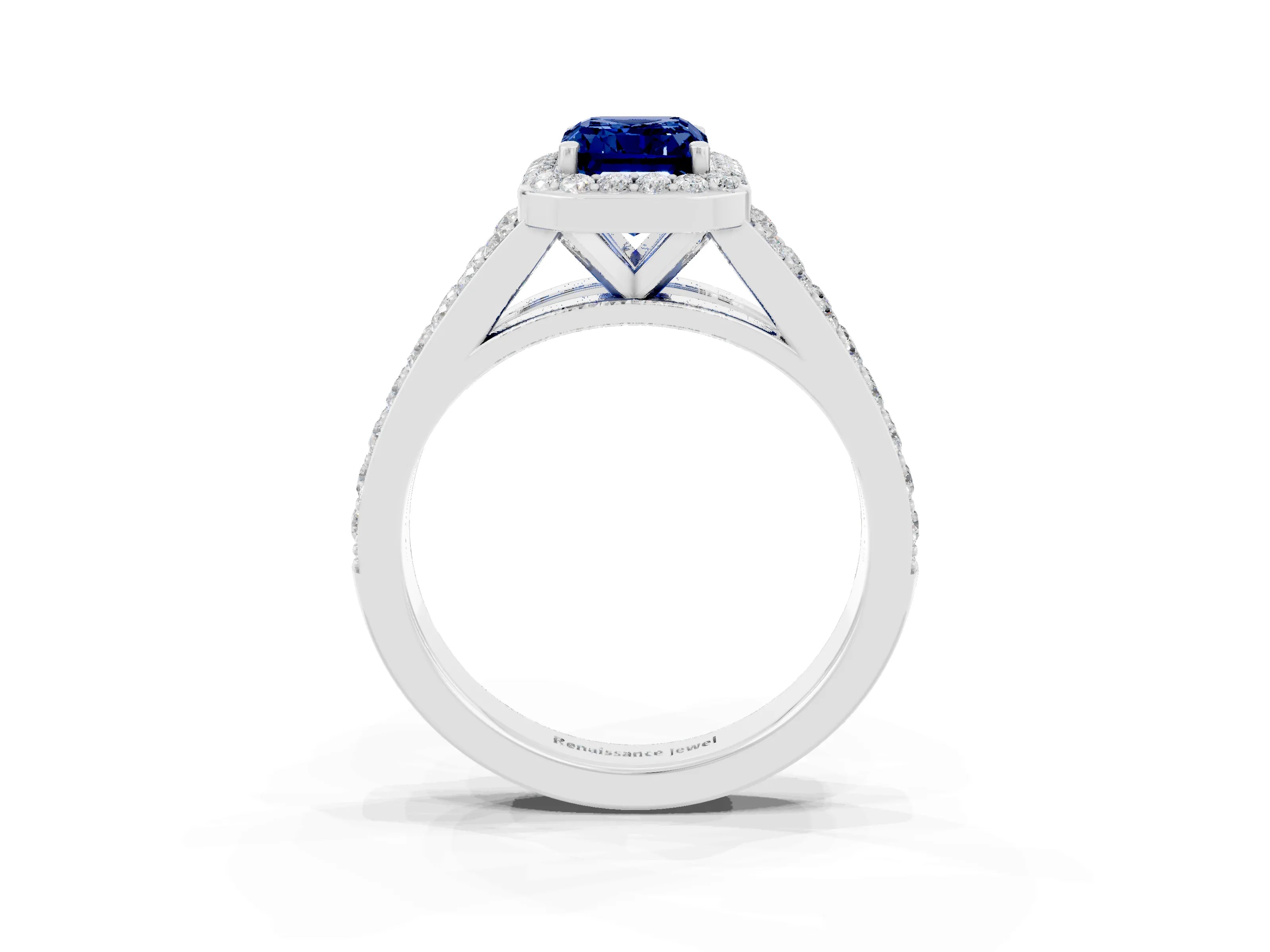 White gold Emerald Cut Blue Sapphire Split Shank Halo Ring with Four-Prong Setting_27
