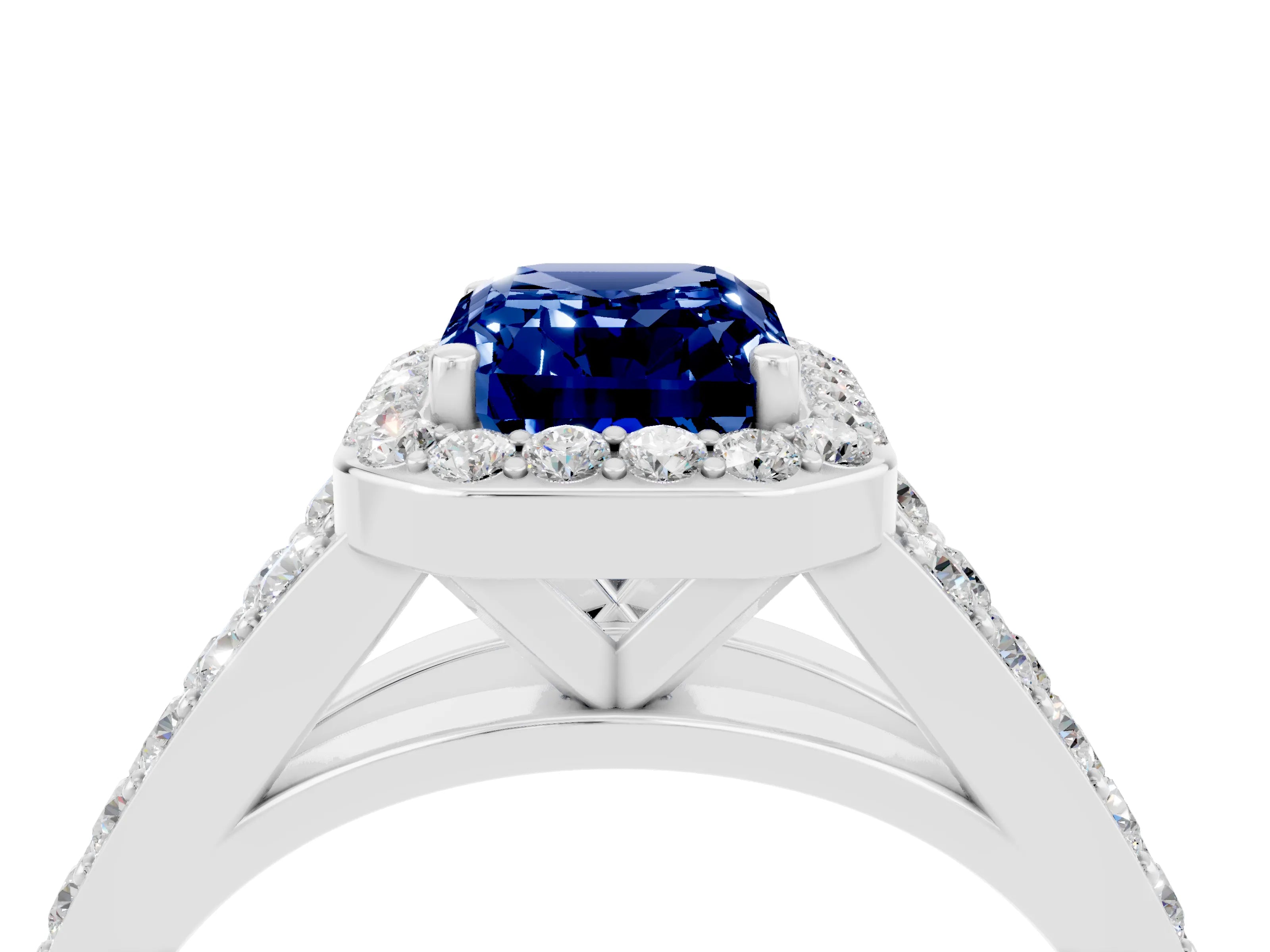 White gold Emerald Cut Blue Sapphire Split Shank Halo Ring with Four-Prong Setting_28