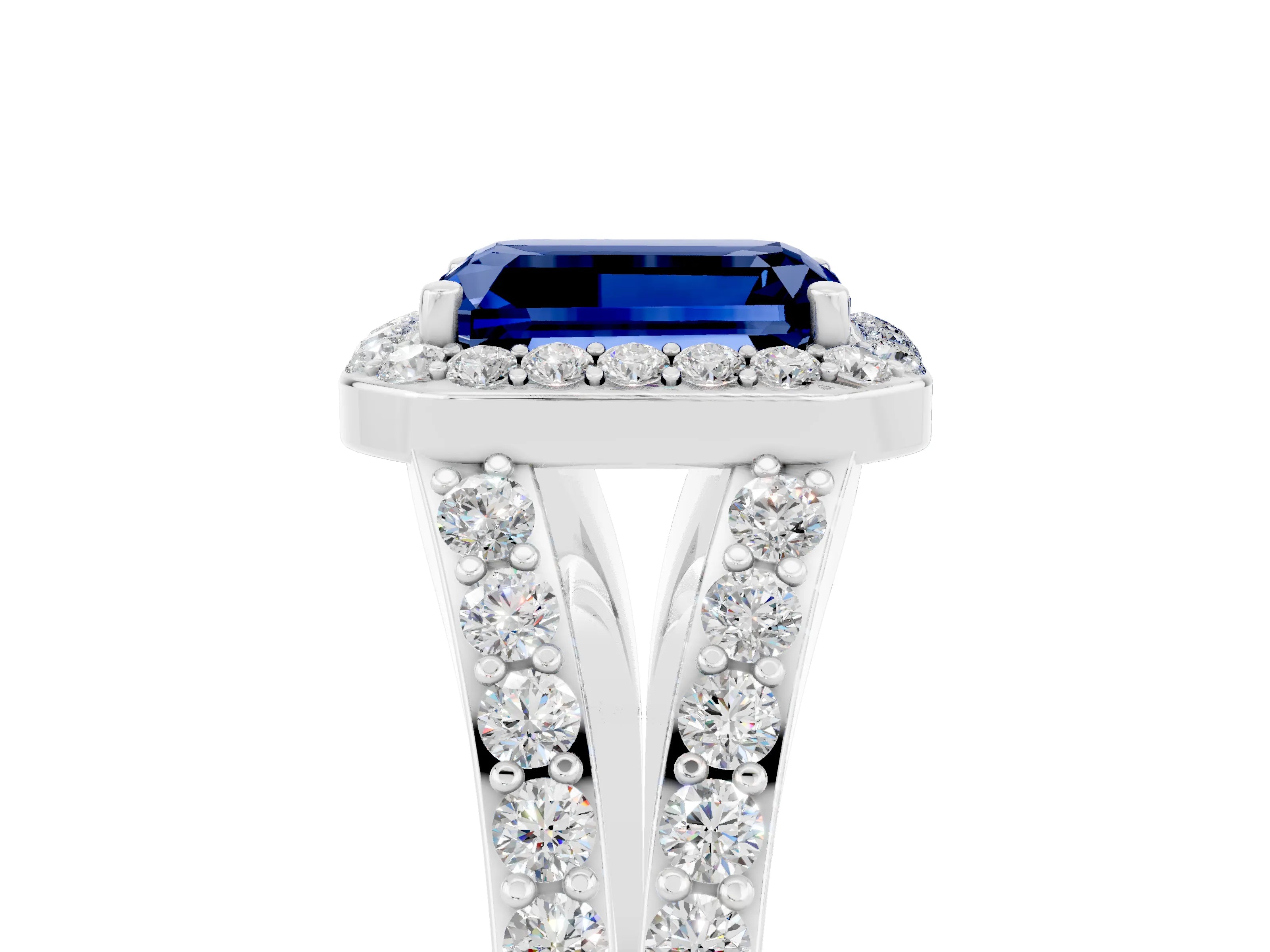 White gold Emerald Cut Blue Sapphire Split Shank Halo Ring with Four-Prong Setting_29
