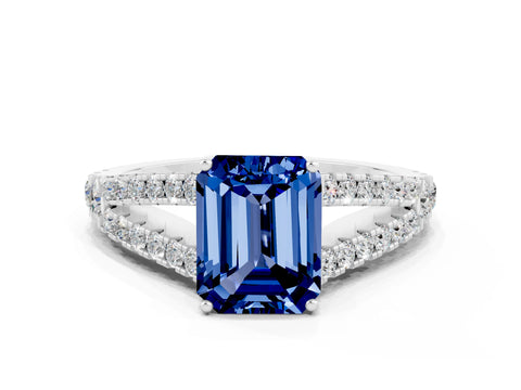 White gold Emerald Cut Blue Sapphire Split Shank Pavé Engagement Ring with Four-Prong Setting_12